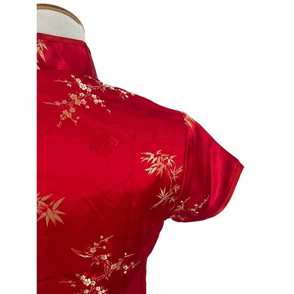 Vintage Y2K 90s DiYuange Red Satin Gold Floral Embroidered Cheongsam Qipao Dress - Picture 9 of 16